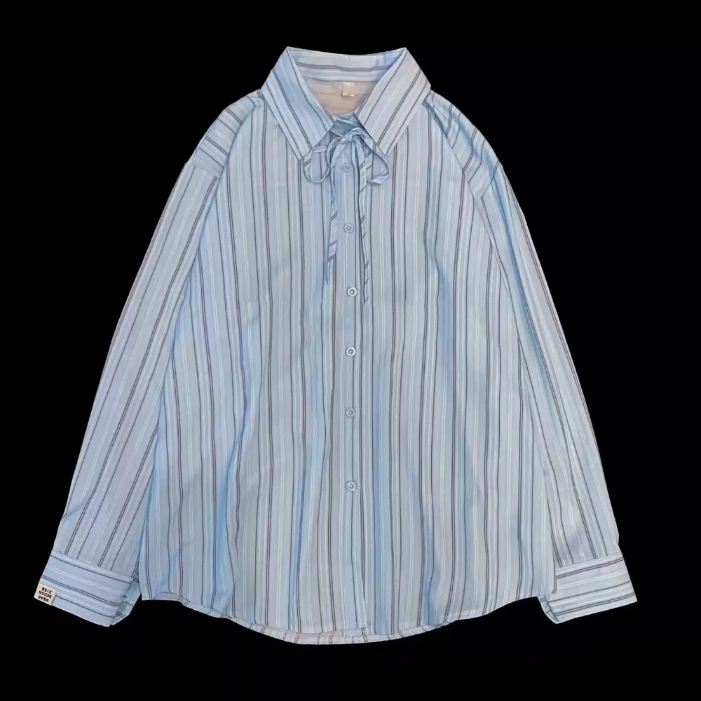 Light Blue Striped Ruffle Tie Neck Shirt